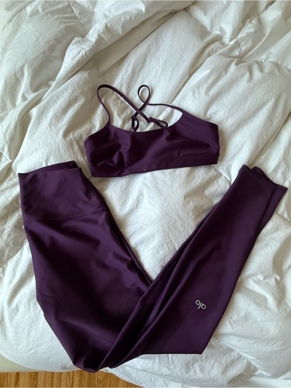 ALO Yoga Deep Plum Strappy Sports Bra and High-Waist Leggings